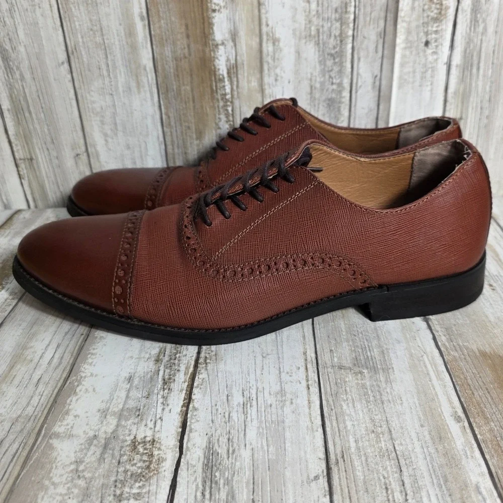 Express Mens Brown Leather Cap Toe Oxford Dress Shoes Brogue Textured size 9